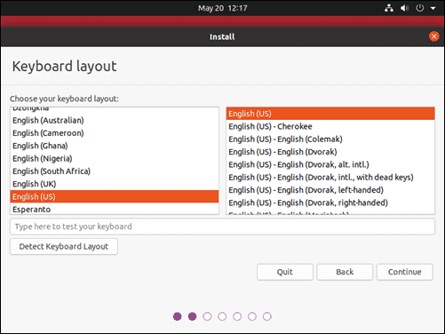 Choose keyboard layout for Ubuntu 20.04